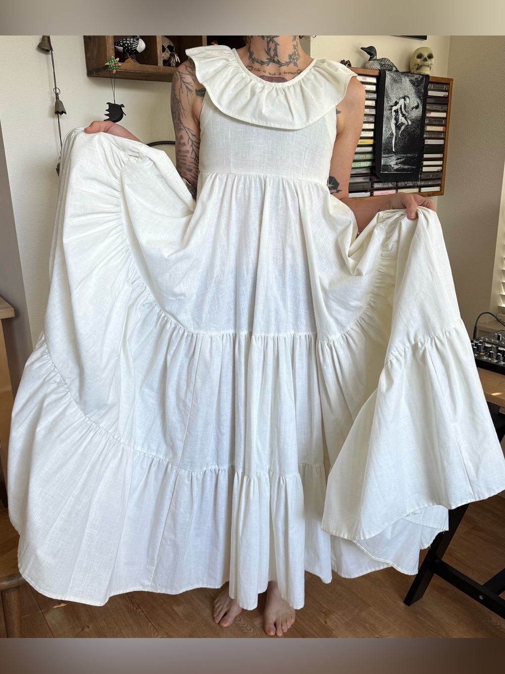 Vintage 60s 70s White Prairie Maxi Dress ~ Size Small